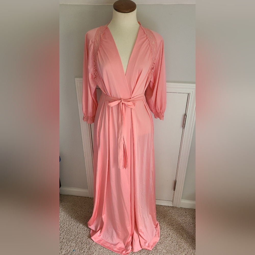 Women's Long Pink Satin Robe with Lace Trim